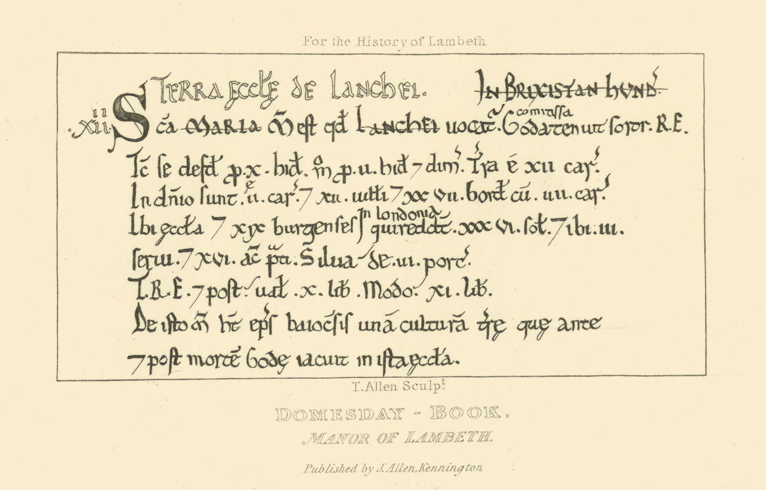 Domesday Book, Manor of Lambeth 1827 old antique vintage print picture